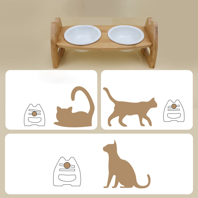 Bamboo Elevated Cat Bowl Adiustable Shelf Ceramic Pet Dog Bow