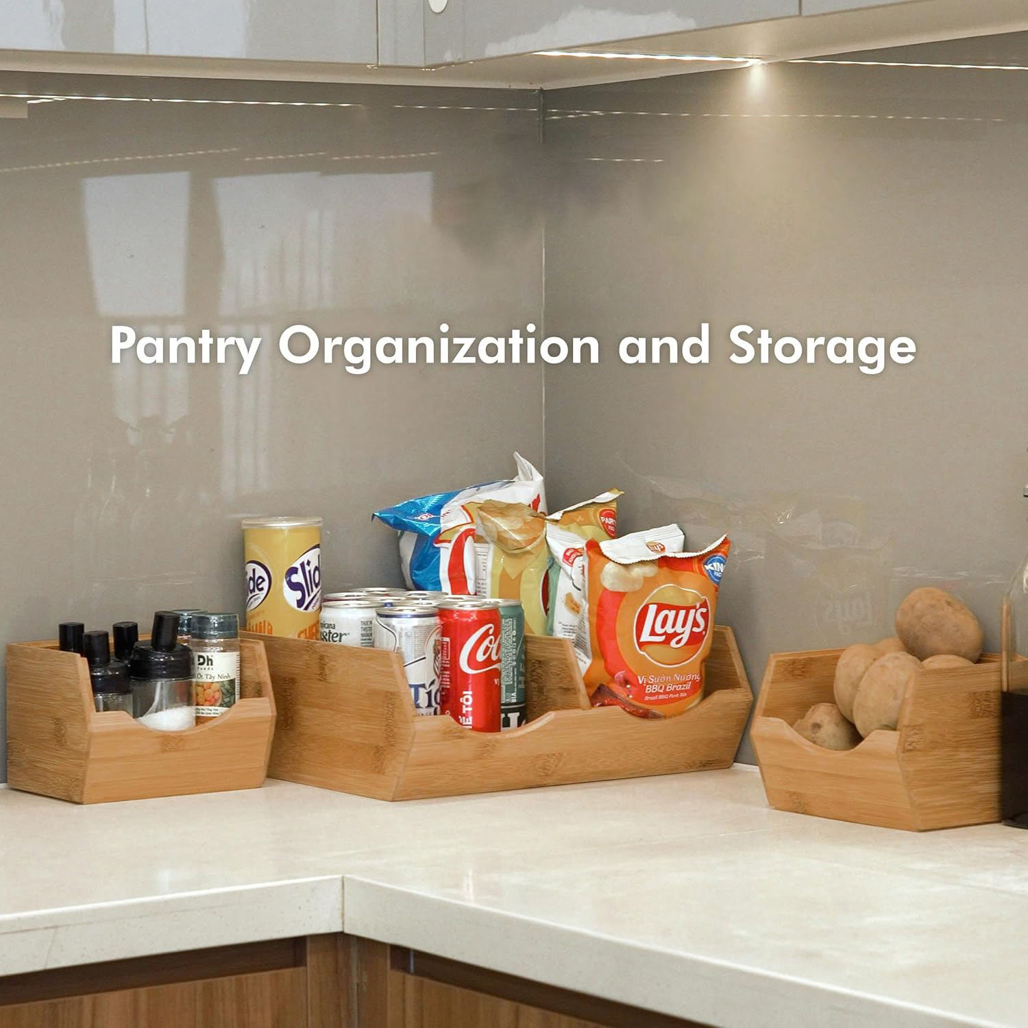  Durable Bamboo Storage Bins Basket Stackable Vegetable Fruit Pantry Organizer for Kitchen Bamboo Storage Rack