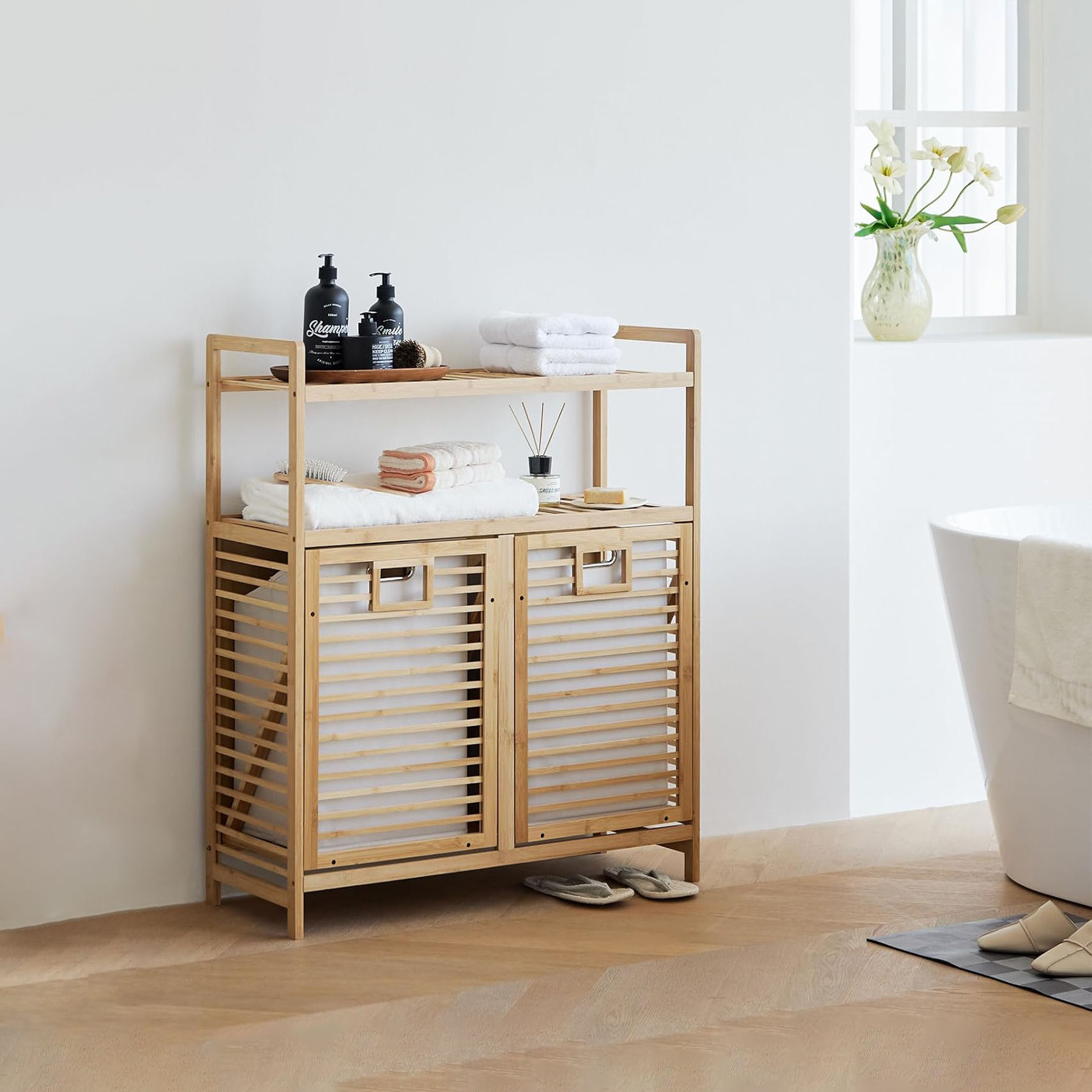 Laundry Sorter Laundry Hamper Double Tilt Out Laundry Hamper, Bamboo Hamper with 2 Removable Bags, Pull Out Laundry Hamper Cabinet, Bathroom Storage Shelf for Laundry Room, Living Room, Bedroom