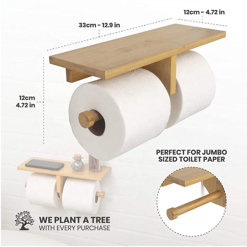 Bamboo Double Toilet Paper Holder With Convenience Shelf Tray