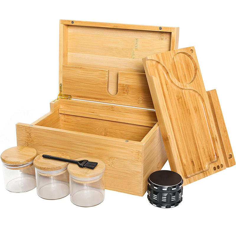 Bamboo Stash Box Rectangle Storage Rolling Tray Set 