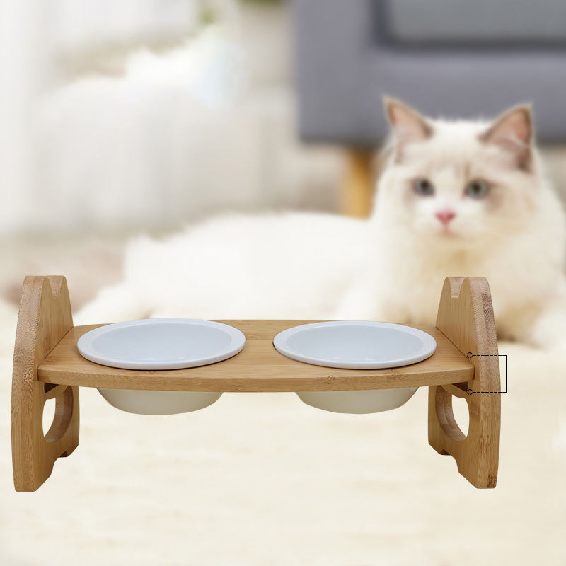 Bamboo Elevated Cat Bowl Adiustable Shelf Ceramic Pet Dog Bow