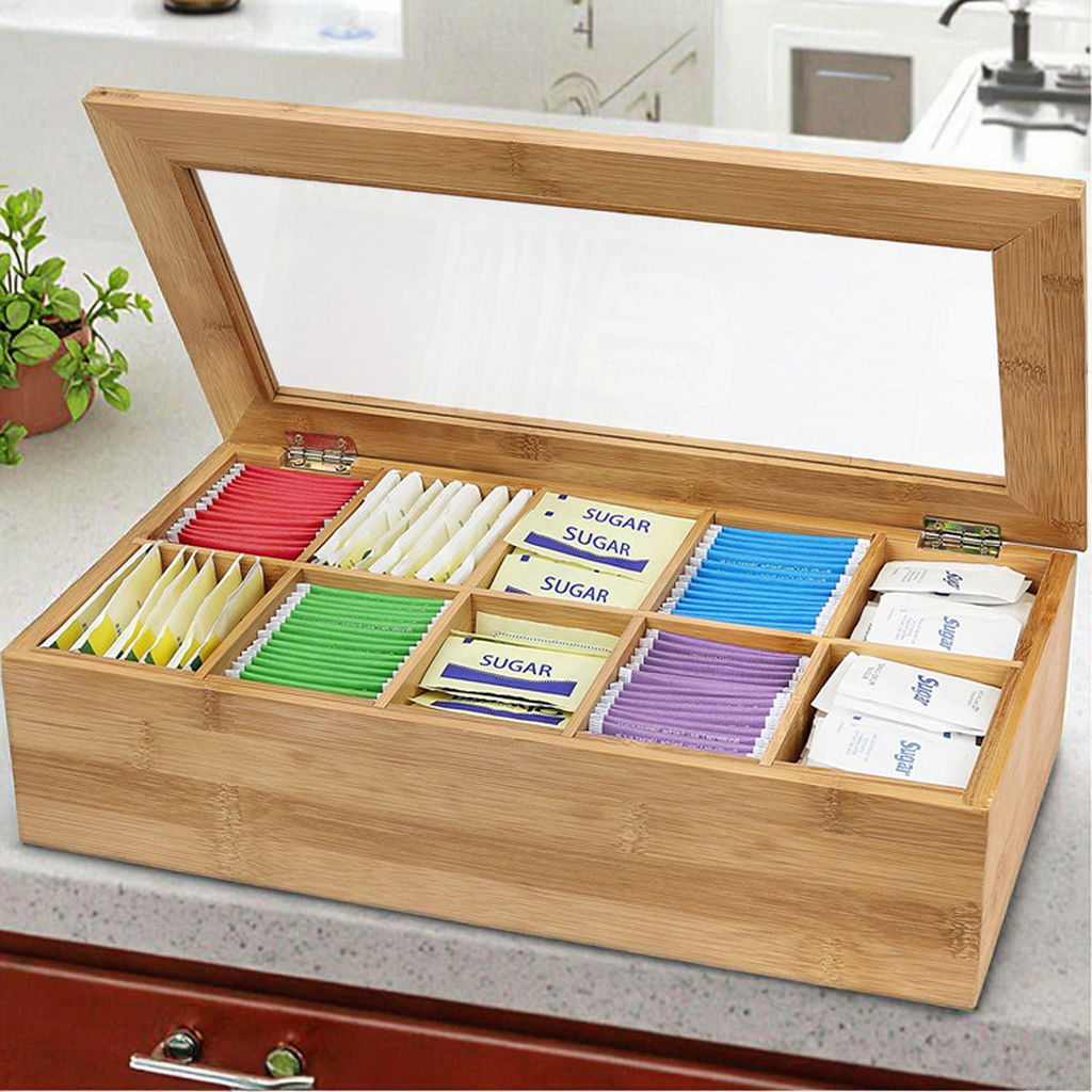 Bamboo Tea Coffee Bag Orqanizer Box With Transparent Lid 