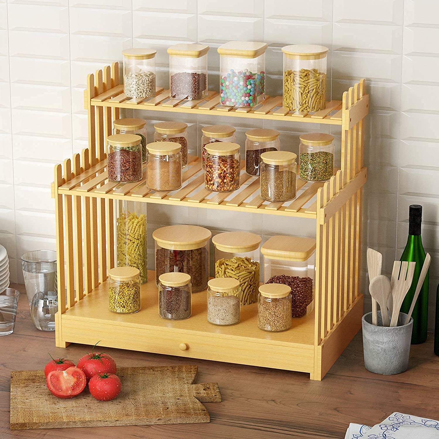 Bamboo 3-Tier Countertop Spice Rack Oraanizer with 5 Drawer 