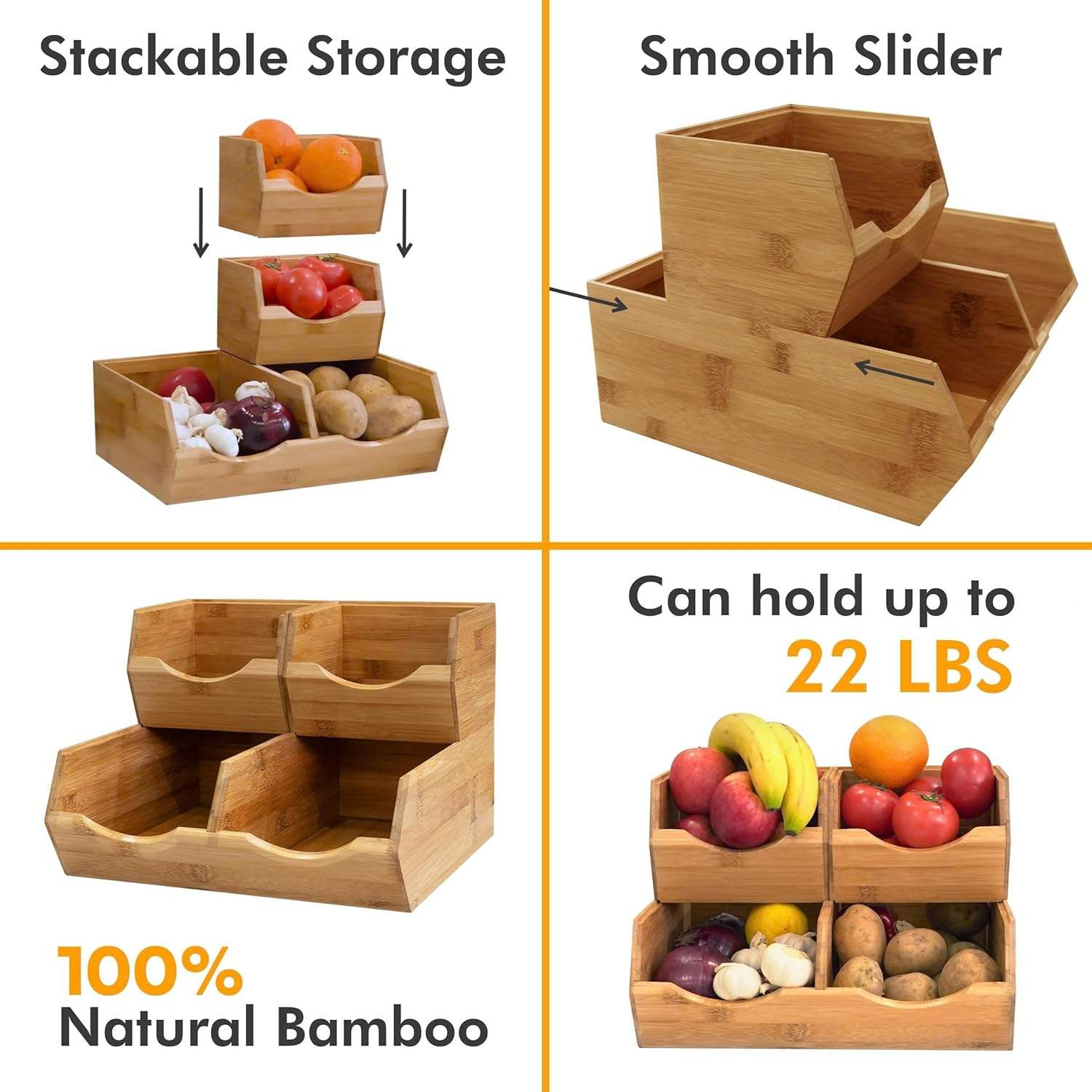  Durable Bamboo Storage Bins Basket Stackable Vegetable Fruit Pantry Organizer for Kitchen Bamboo Storage Rack