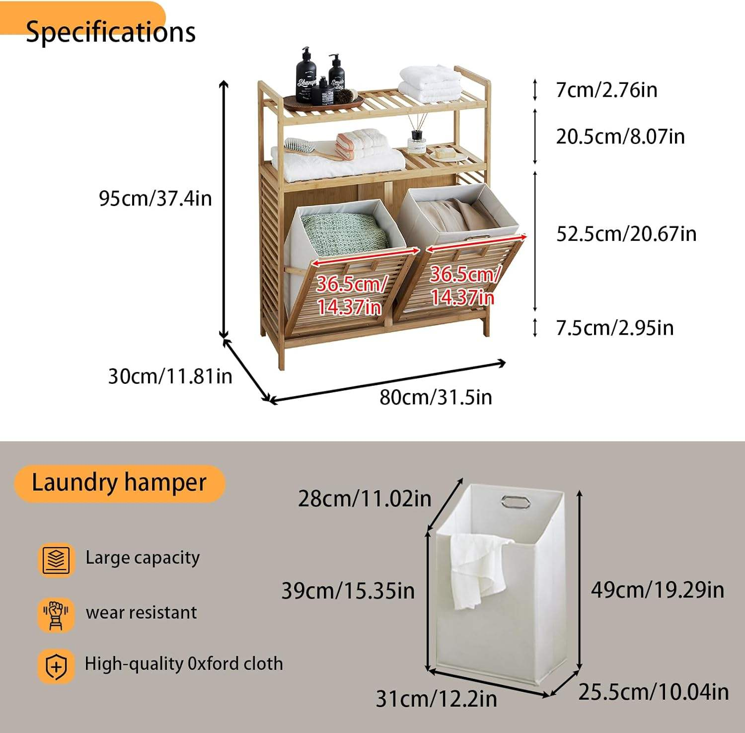 Laundry Sorter Laundry Hamper Double Tilt Out Laundry Hamper, Bamboo Hamper with 2 Removable Bags, Pull Out Laundry Hamper Cabinet, Bathroom Storage Shelf for Laundry Room, Living Room, Bedroom