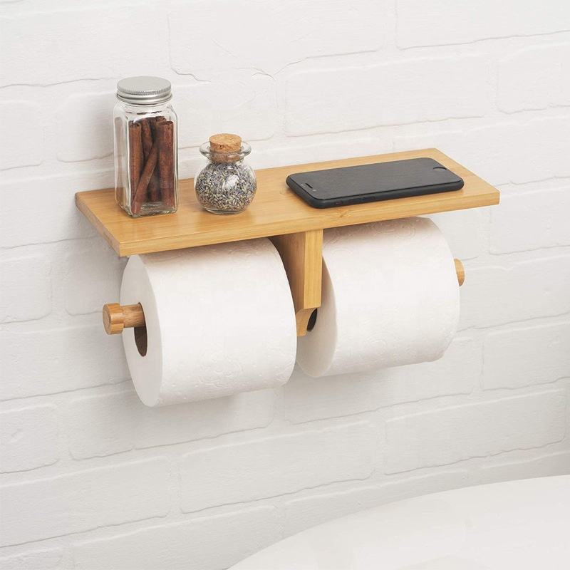 Bamboo Double Toilet Paper Holder With Convenience Shelf Tray