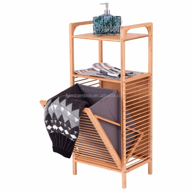 Laundry Hamper Bamboo Freestanding Basket Shelf