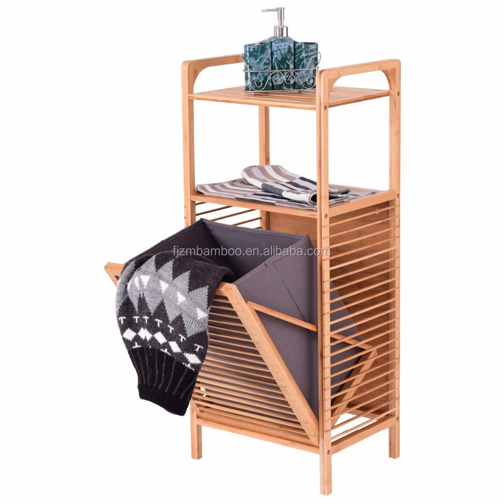 Laundry Hamper Bamboo Freestanding Basket Shelf