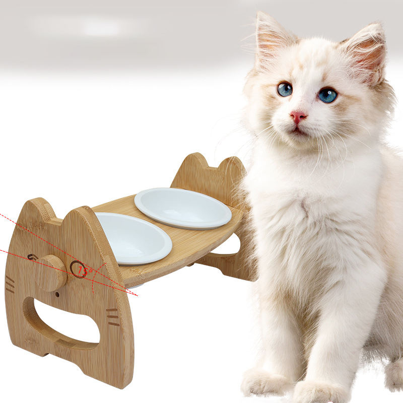 Bamboo Elevated Cat Bowl Adiustable Shelf Ceramic Pet Dog Bow