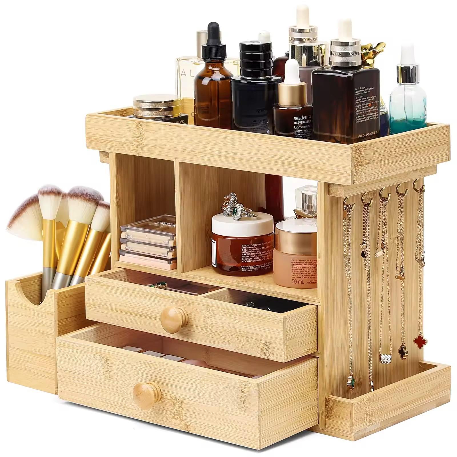 Bamboo Makeup Storage Organizer Standing Cosmetics Box Stand 