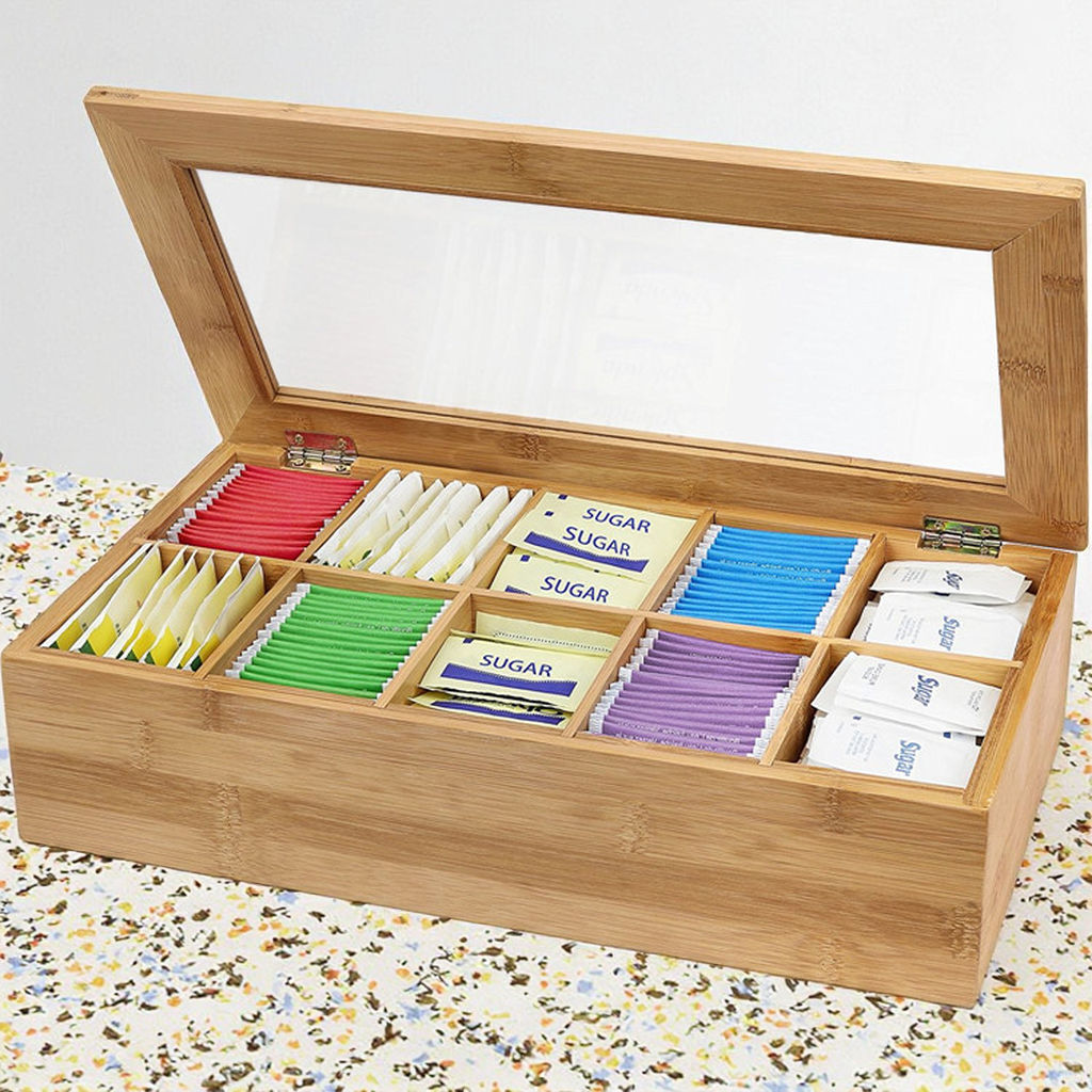 Bamboo Tea Coffee Bag Orqanizer Box With Transparent Lid 