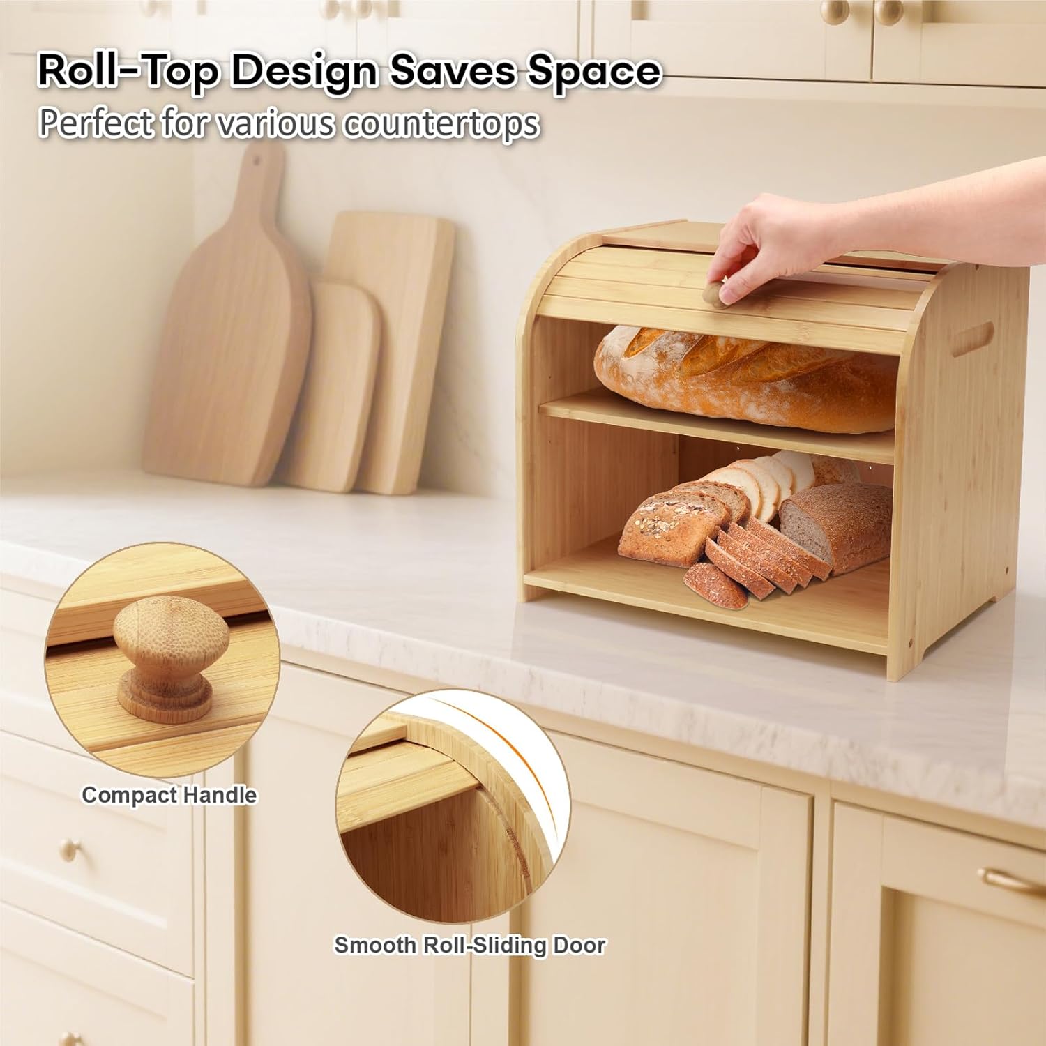 Bread Box High Quality Bamboo Roll-Top Double-Layer Freshness-Preserving Bread Storage for Homemade Bread Natural Breadbox Organizer