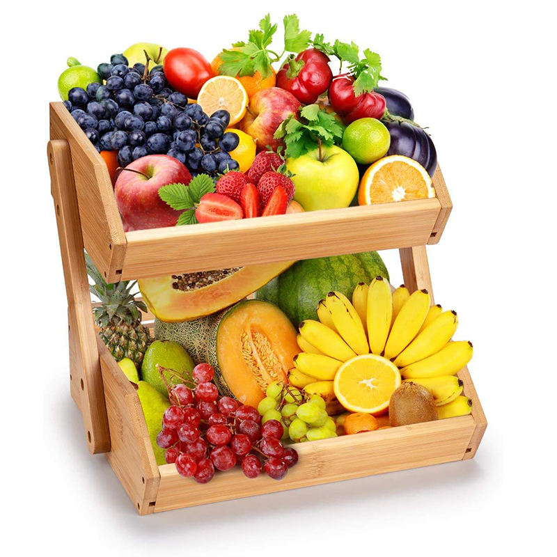 2-Tier Bamboo Countertop Fruit and Vegetable Storage Basket