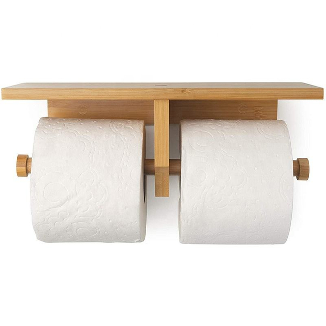 Bamboo Double Toilet Paper Holder With Convenience Shelf Tray