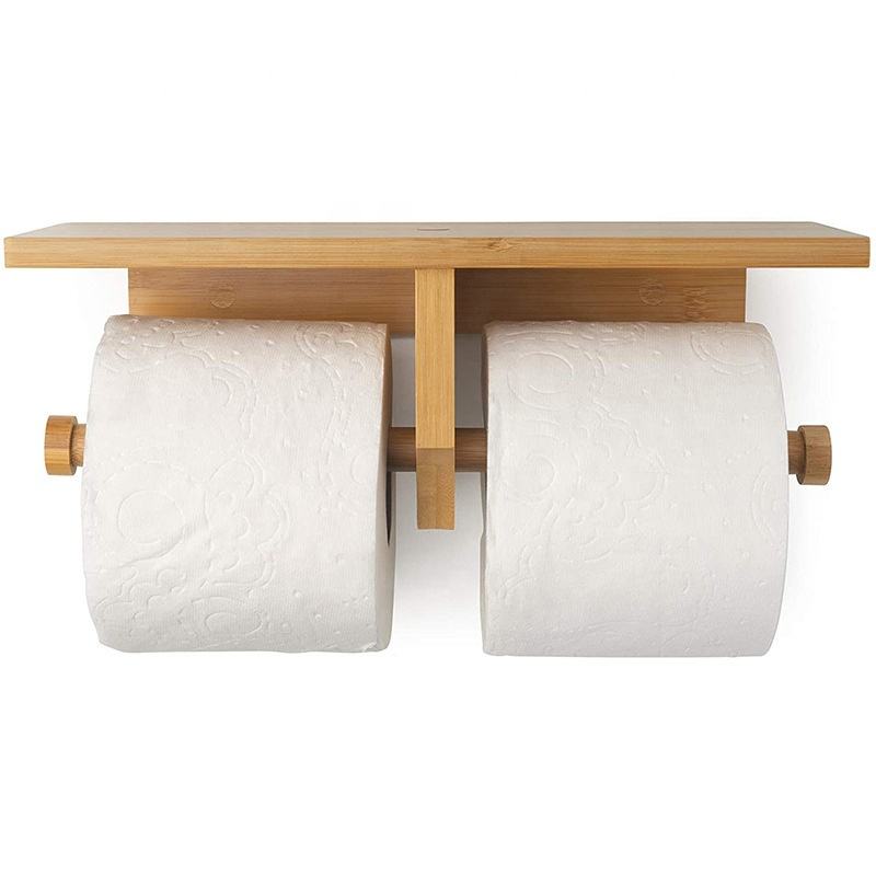 Bamboo Double Toilet Paper Holder With Convenience Shelf Tray