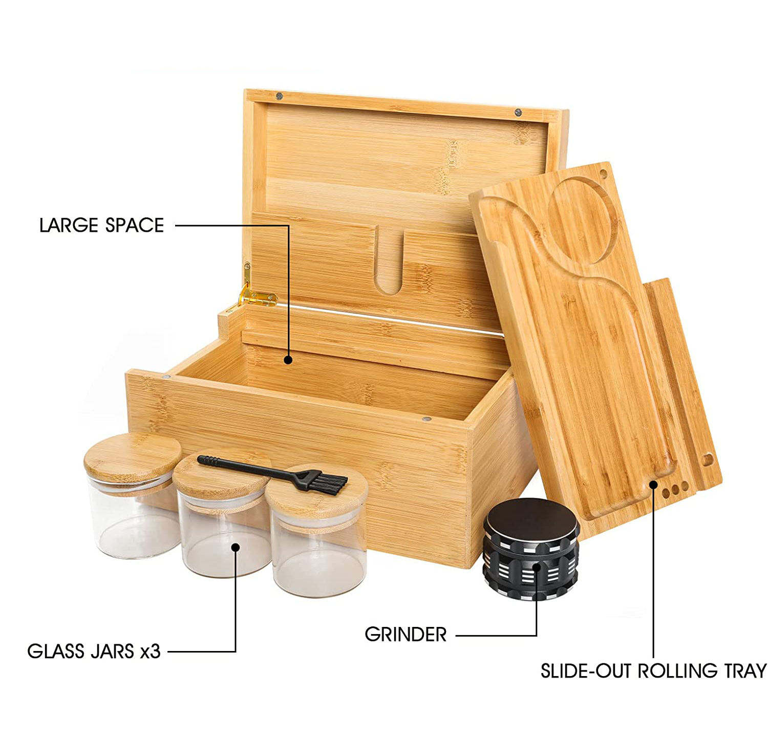 Bamboo Stash Box Rectangle Storage Rolling Tray Set 