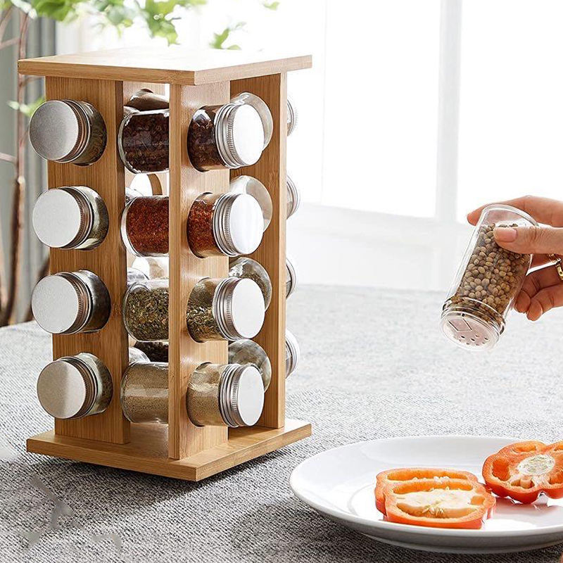 Bamboo Spice Organizer Rotating Spice Rack for Kitchen