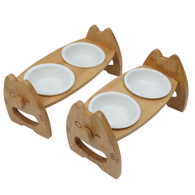 Bamboo Elevated Cat Bowl Adiustable Shelf Ceramic Pet Dog Bow