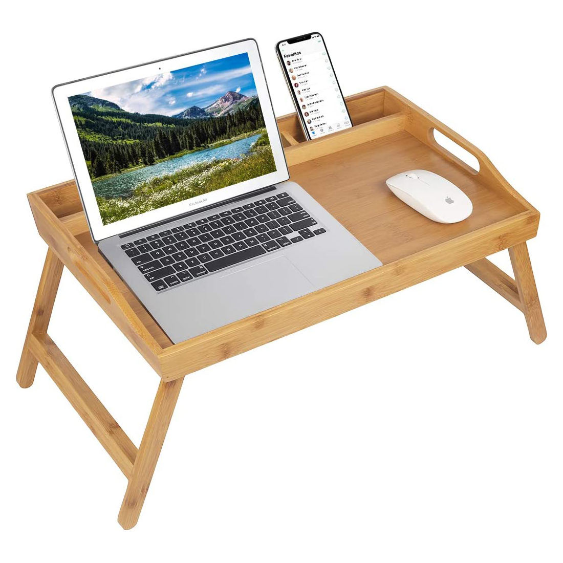 Good Quality Folding Bamboo Bed Food Tray Table with Handles and Media Slot
