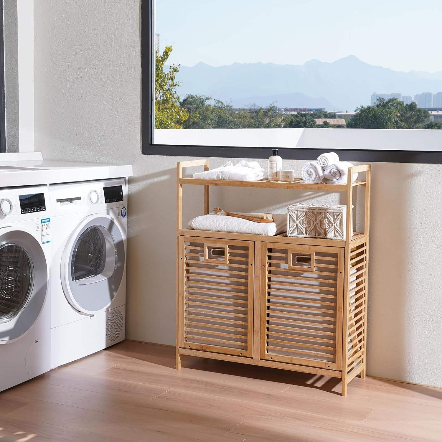 Laundry Sorter Laundry Hamper Double Tilt Out Laundry Hamper, Bamboo Hamper with 2 Removable Bags, Pull Out Laundry Hamper Cabinet, Bathroom Storage Shelf for Laundry Room, Living Room, Bedroom