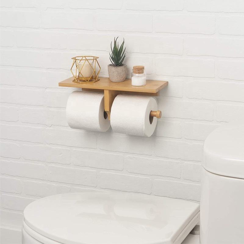 Bamboo Double Toilet Paper Holder With Convenience Shelf Tray
