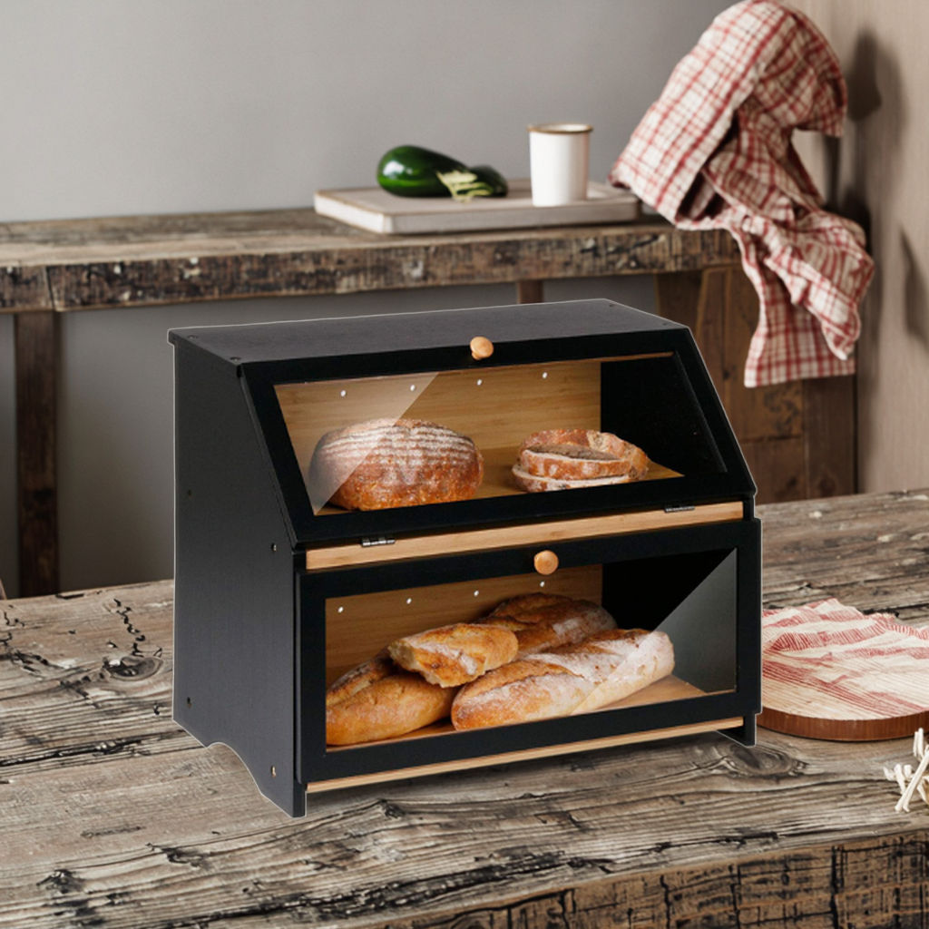 Bamboo Double Layer Bread Box Kitchen Storage Food Bread Bin