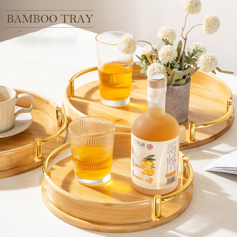 Bamboo Round Tray Snack Serving Plate Dish with Metal Handle