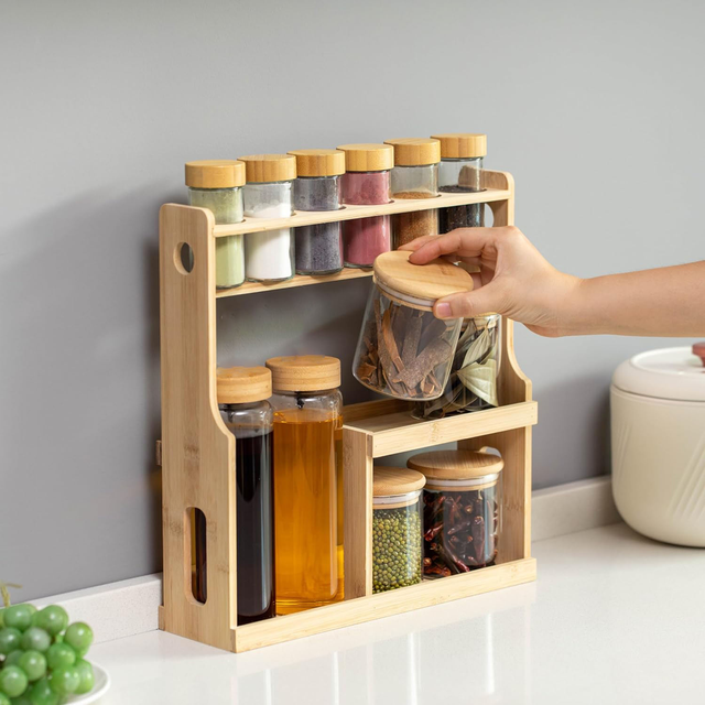 Bamboo Rack Standing Type 3-Tier Spices Rack Spice Shelf Seasoning Rack Glass Container Rack Multi Layer Storage for Kitchen Countertop