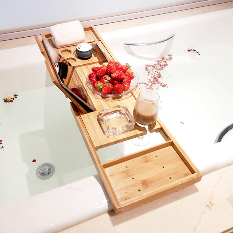 Bamboo bathtub caddy Premium Bathtub Tray Caddy Expandable Bath Tray Unique House Warming Gifts New Home Anniversary and Wedding Gifts for Couple