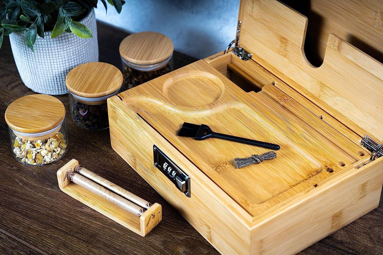 Smell Proof] Bamboo Stash Box with Rolling Tray Lockable Herb Storage Box for Privacy & Security