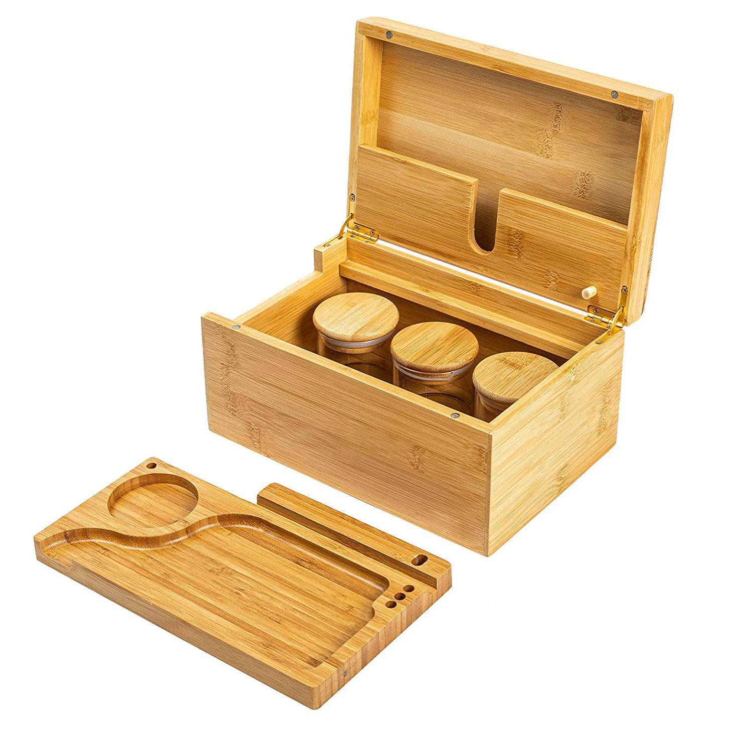 Bamboo Stash Box Rectangle Storage Rolling Tray Set 