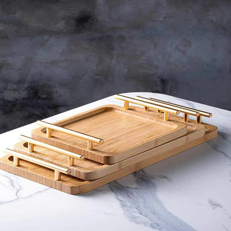 Bamboo Breakfast Wood Serving Tray With Metal Handle