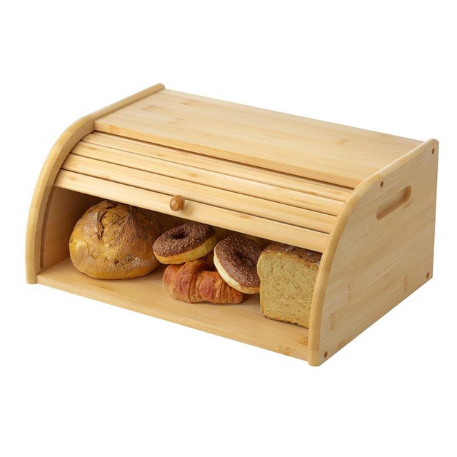 Premium Bamboo Bread Storage Box Rectangular Roll Top Container with Carved Design Pull-Out Drawer