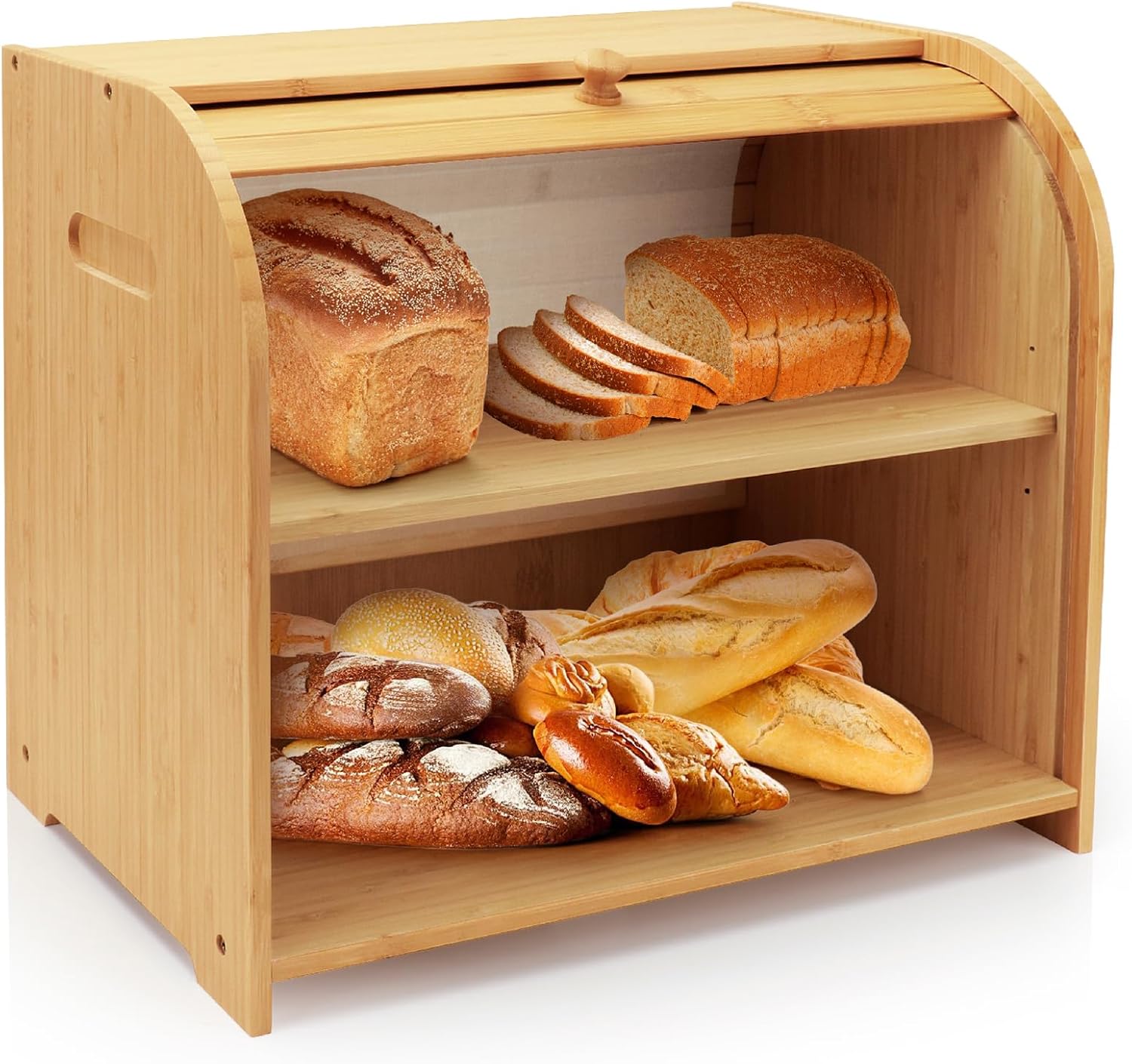 Bread Box High Quality Bamboo Roll-Top Double-Layer Freshness-Preserving Bread Storage for Homemade Bread Natural Breadbox Organizer