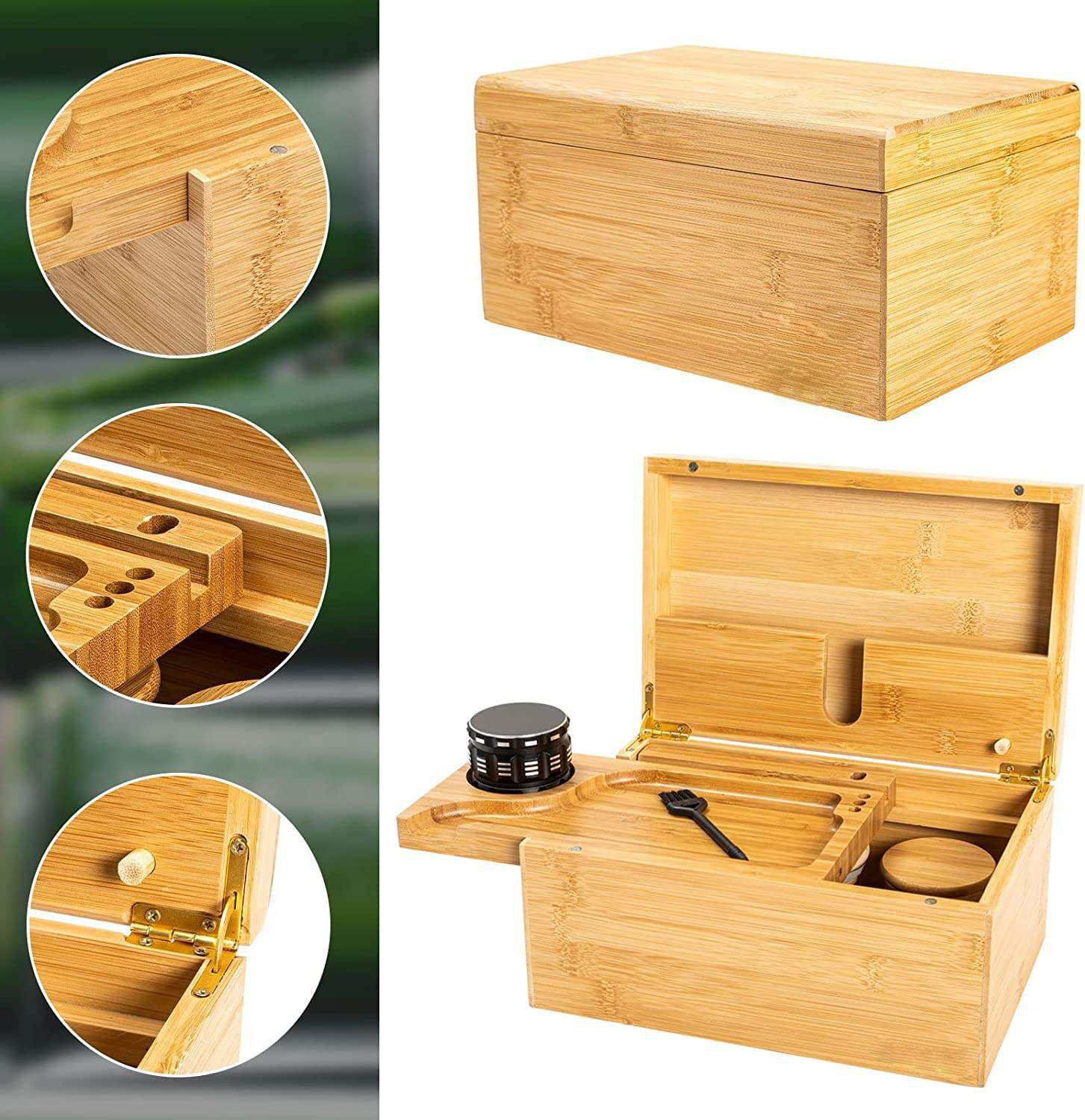 Bamboo Stash Box Rectangle Storage Rolling Tray Set 