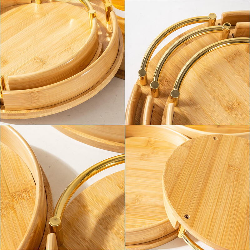Bamboo Round Tray Snack Serving Plate Dish with Metal Handle