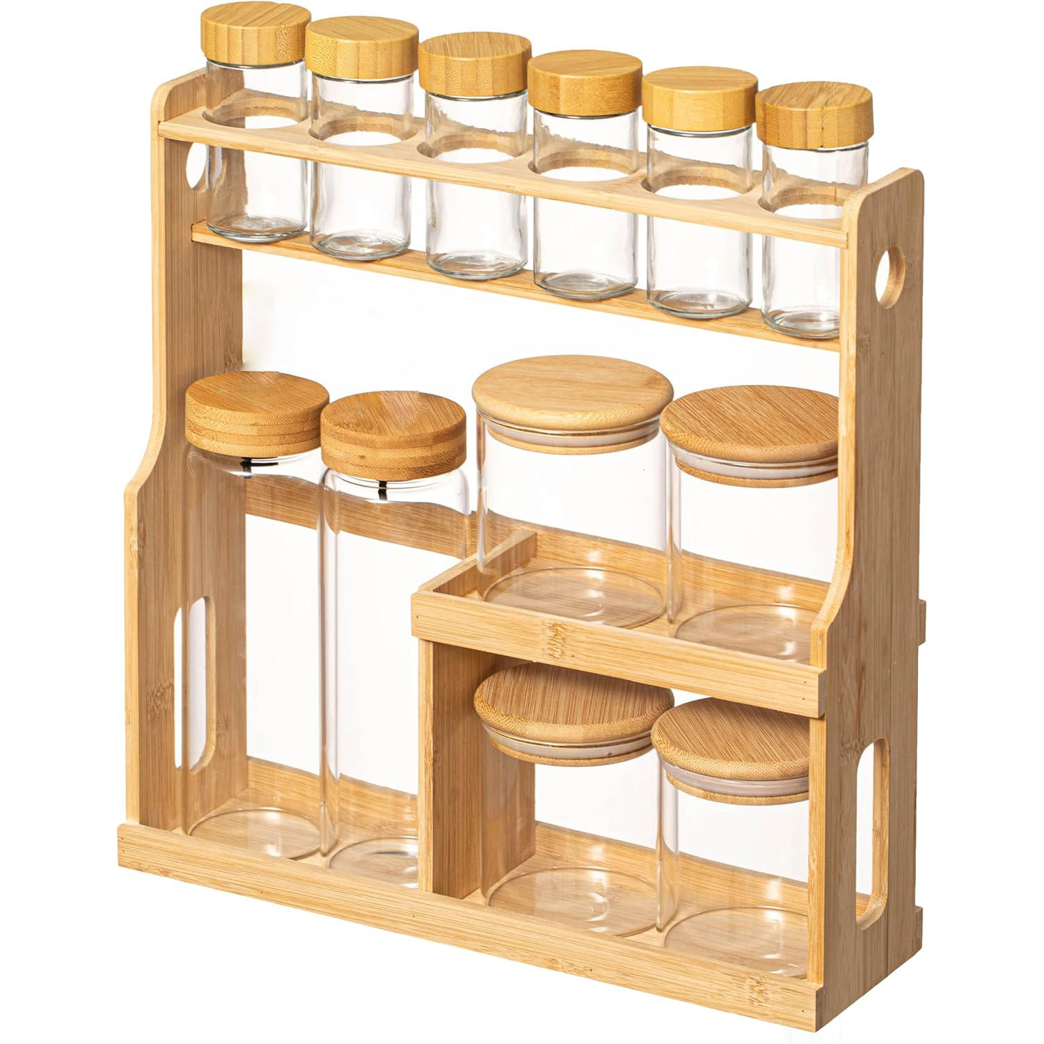 Bamboo Rack Standing Type 3-Tier Spices Rack Spice Shelf Seasoning Rack Glass Container Rack Multi Layer Storage for Kitchen Countertop