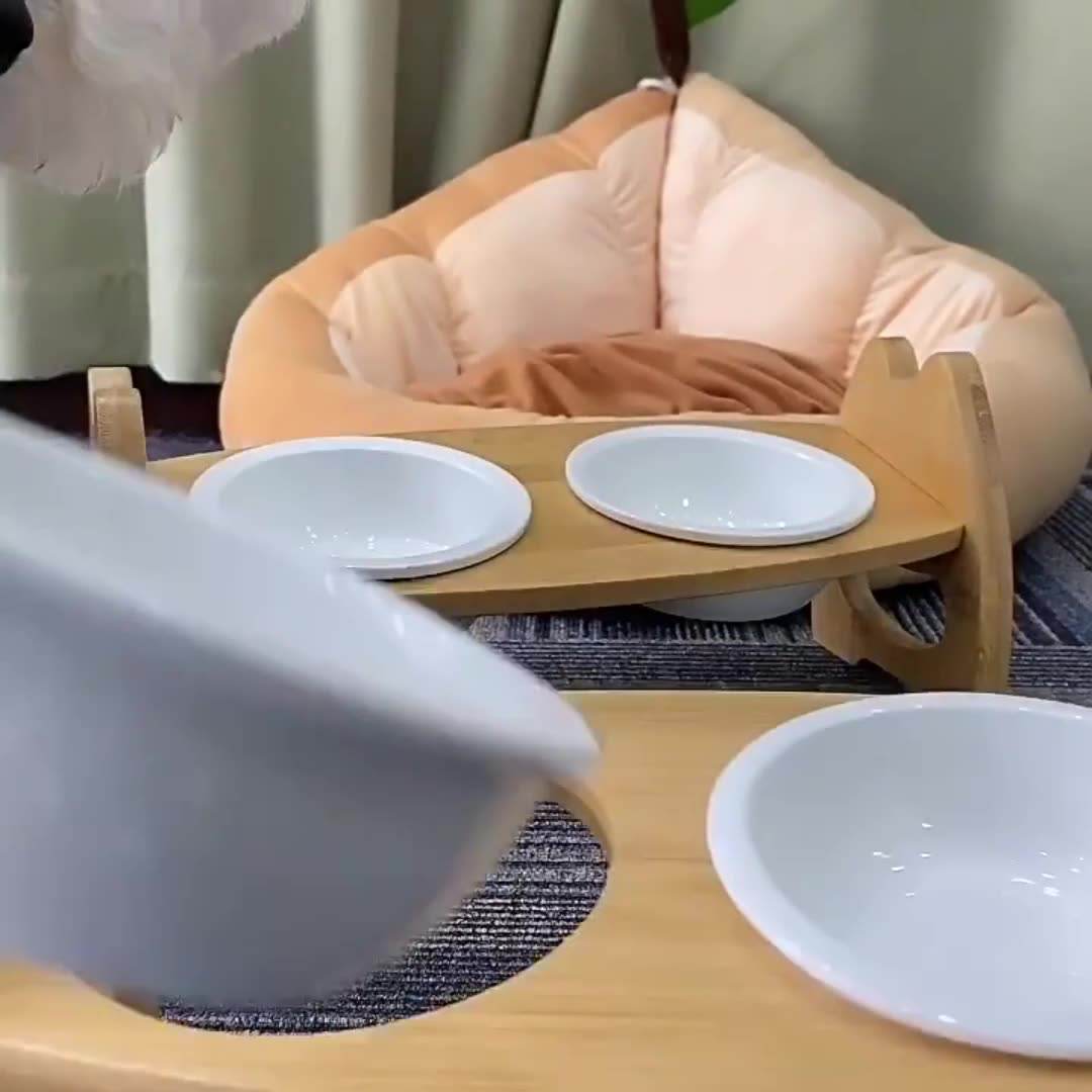 Bamboo Elevated Cat Bowl Adiustable Shelf Ceramic Pet Dog Bow