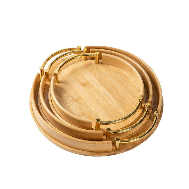 Bamboo Round Tray Snack Serving Plate Dish with Metal Handle