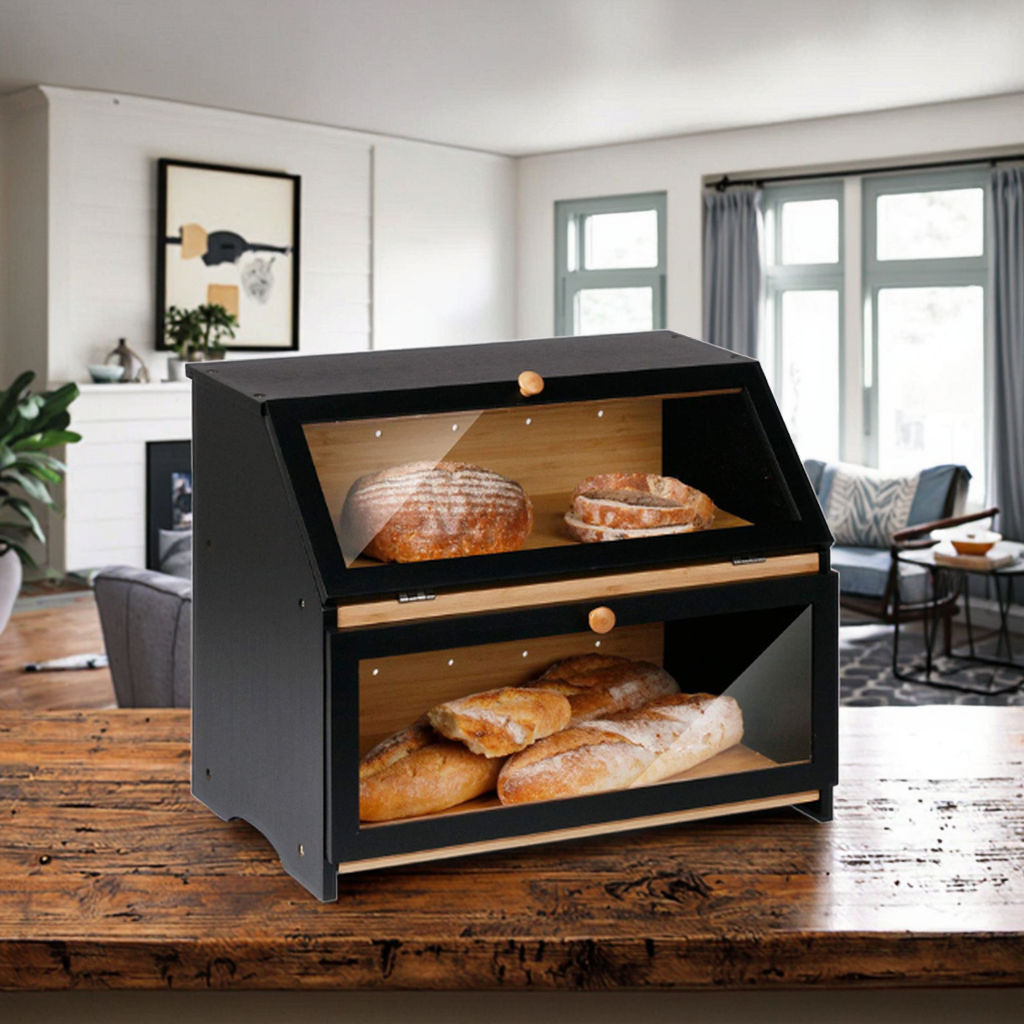 Bamboo Double Layer Bread Box Kitchen Storage Food Bread Bin