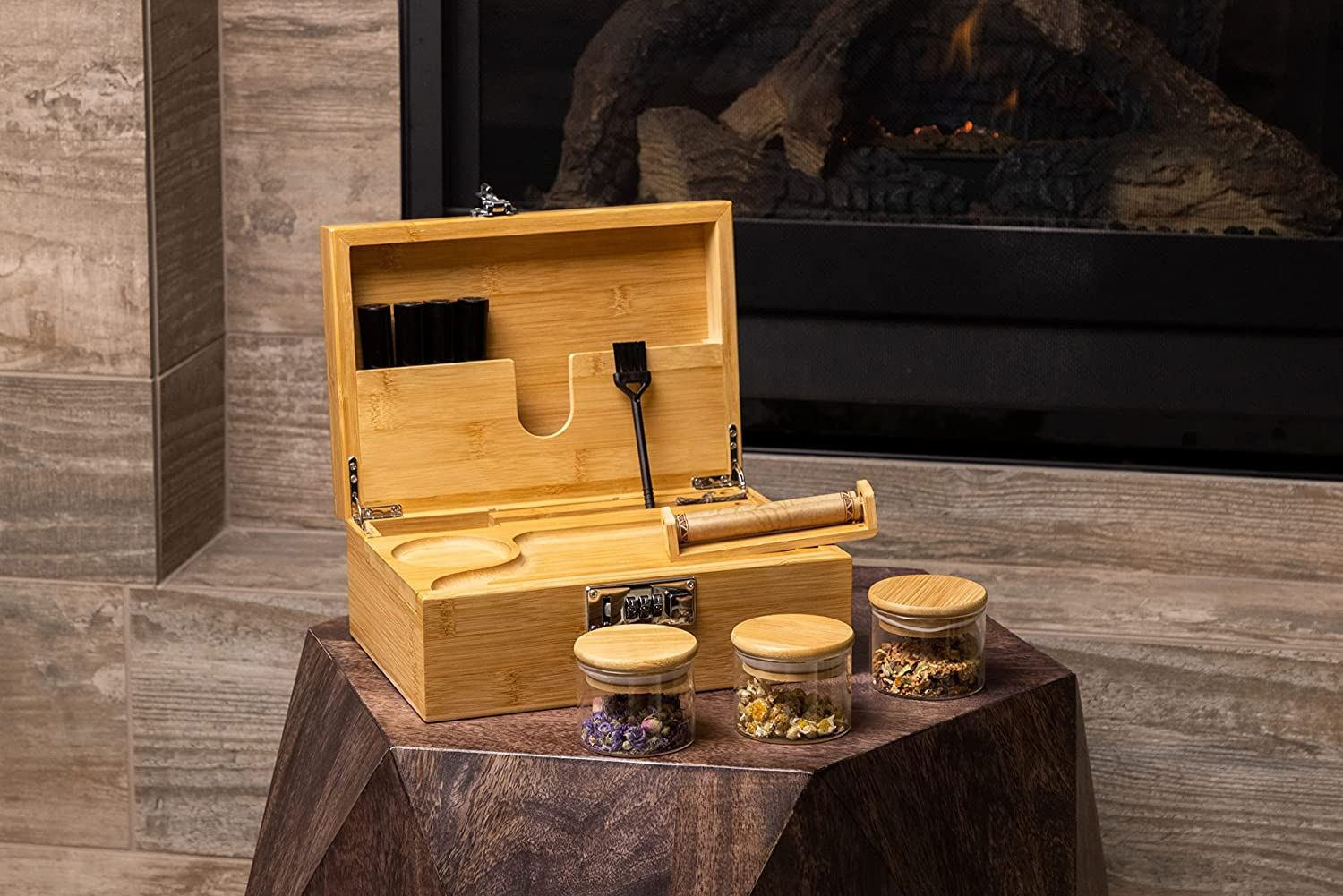 Smell Proof] Bamboo Stash Box with Rolling Tray Lockable Herb Storage Box for Privacy & Security