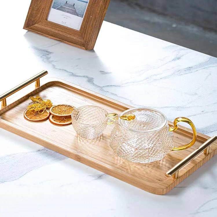 Bamboo Breakfast Wood Serving Tray With Metal Handle