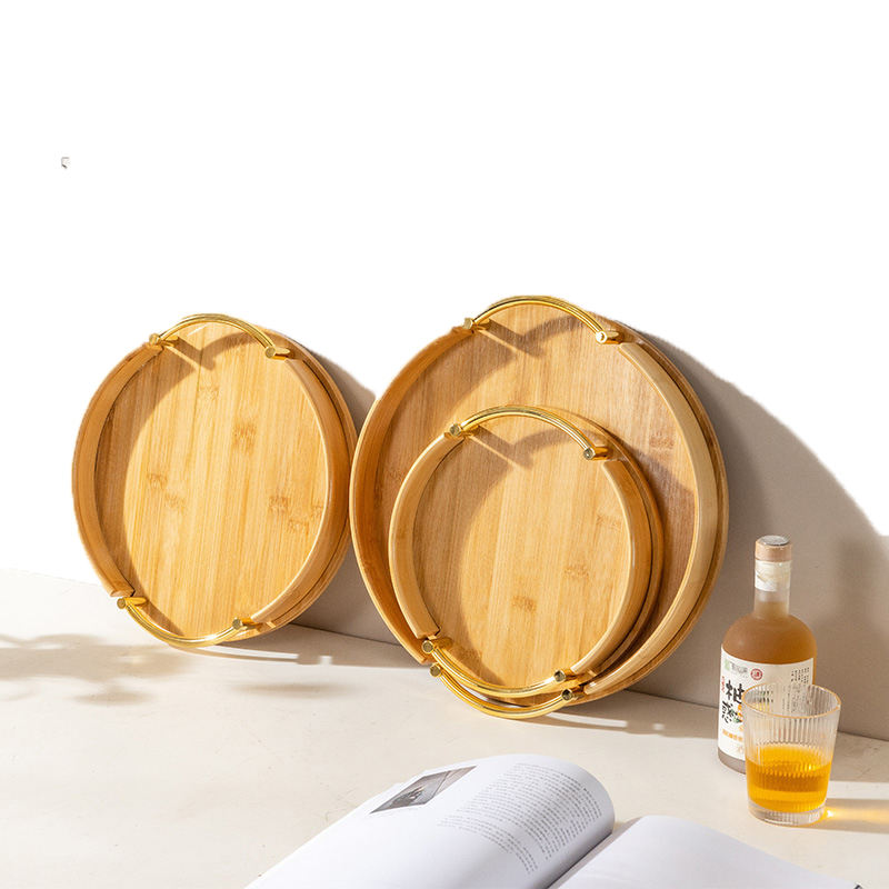 Bamboo Round Tray Snack Serving Plate Dish with Metal Handle