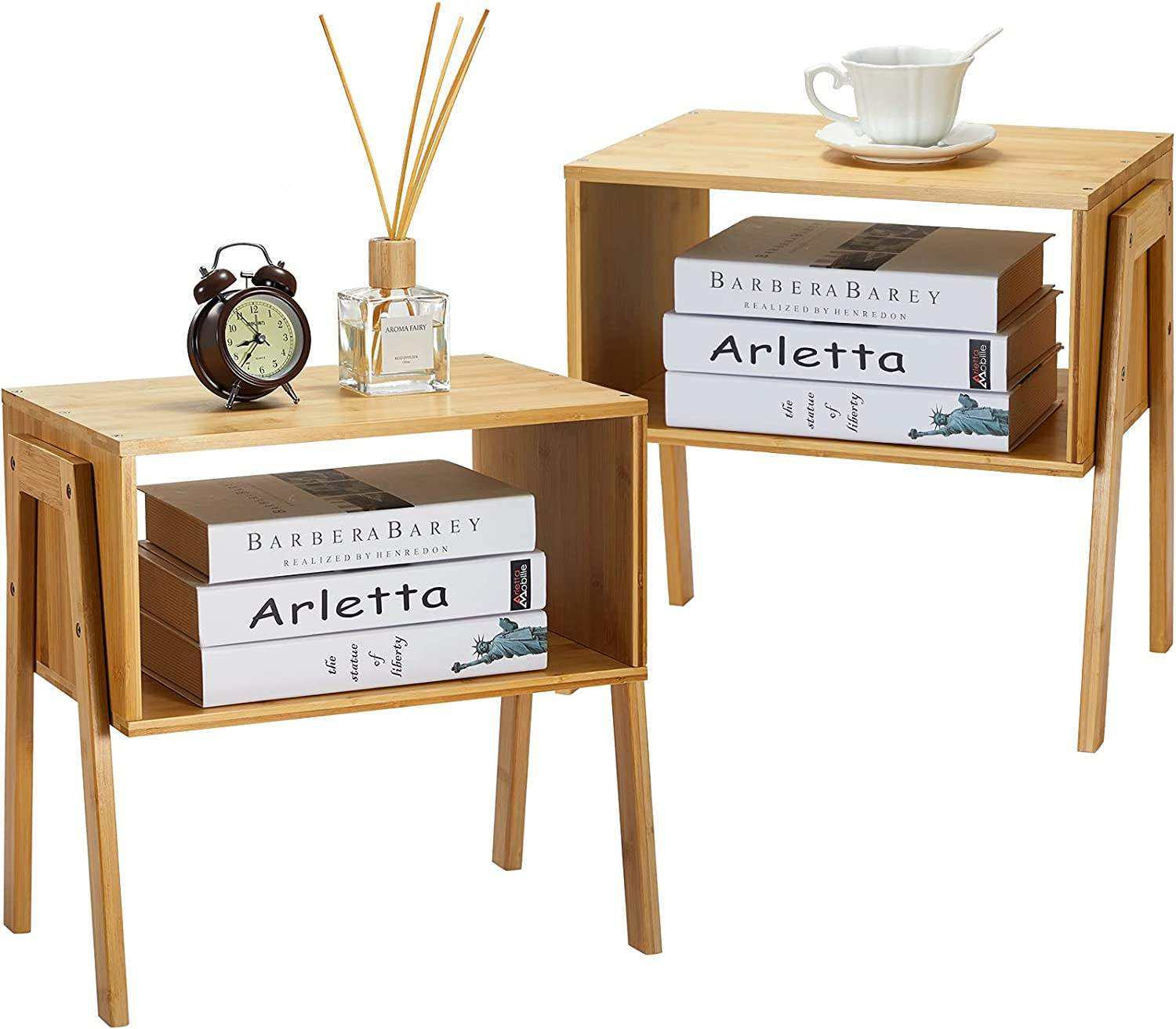 Bamboo Stackable End Table Wood Living Room Bedside Table