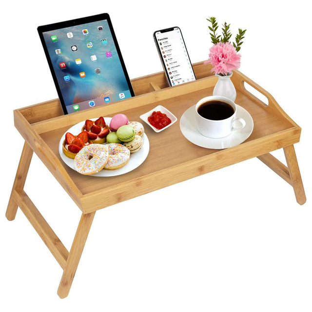 Good Quality Folding Bamboo Bed Food Tray Table with Handles and Media Slot