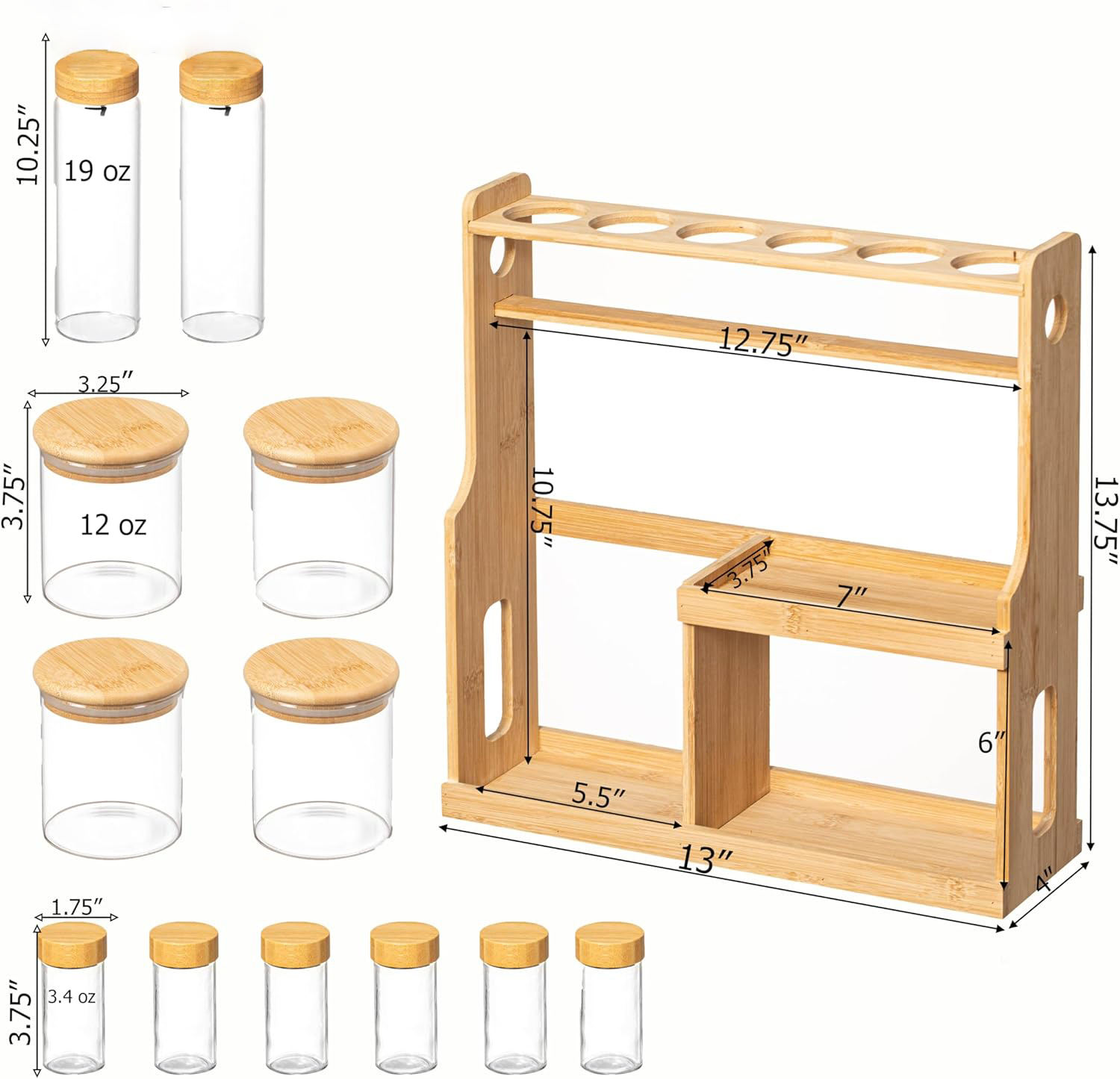 Bamboo Rack Standing Type 3-Tier Spices Rack Spice Shelf Seasoning Rack Glass Container Rack Multi Layer Storage for Kitchen Countertop