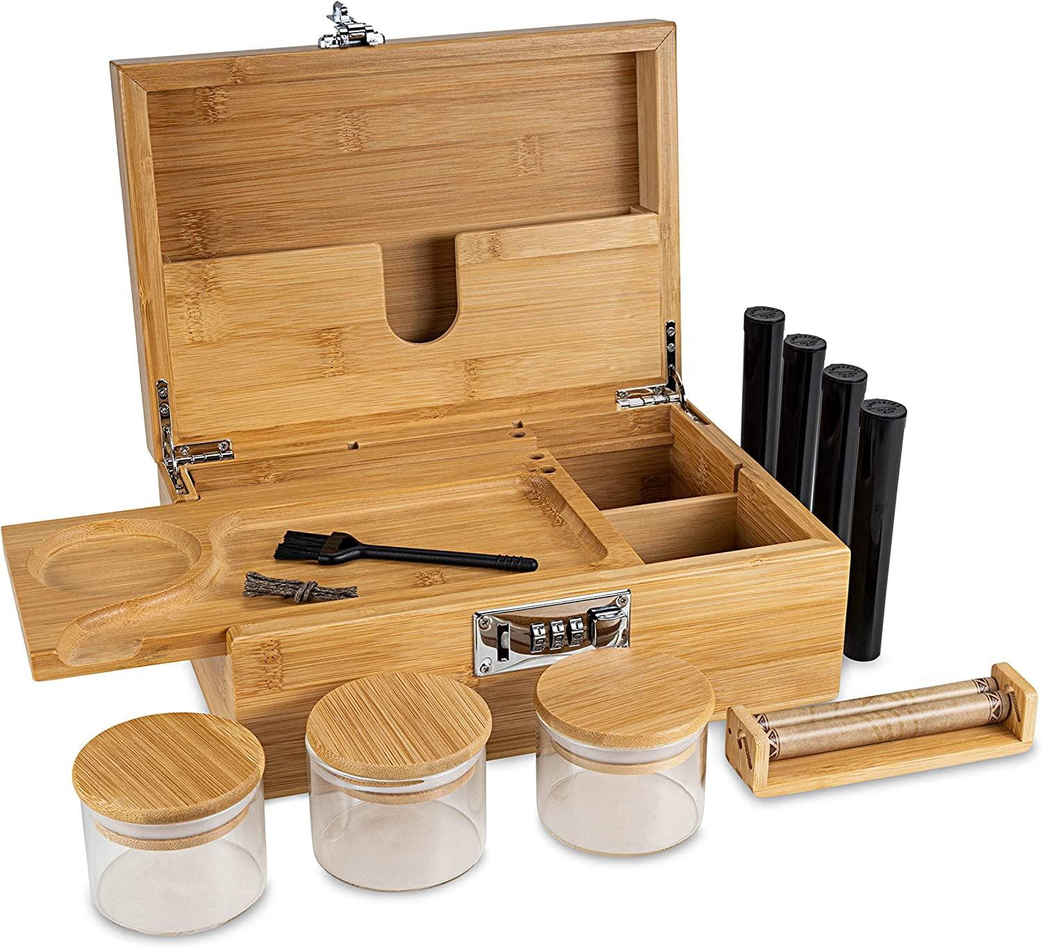 Smell Proof] Bamboo Stash Box with Rolling Tray Lockable Herb Storage Box for Privacy & Security
