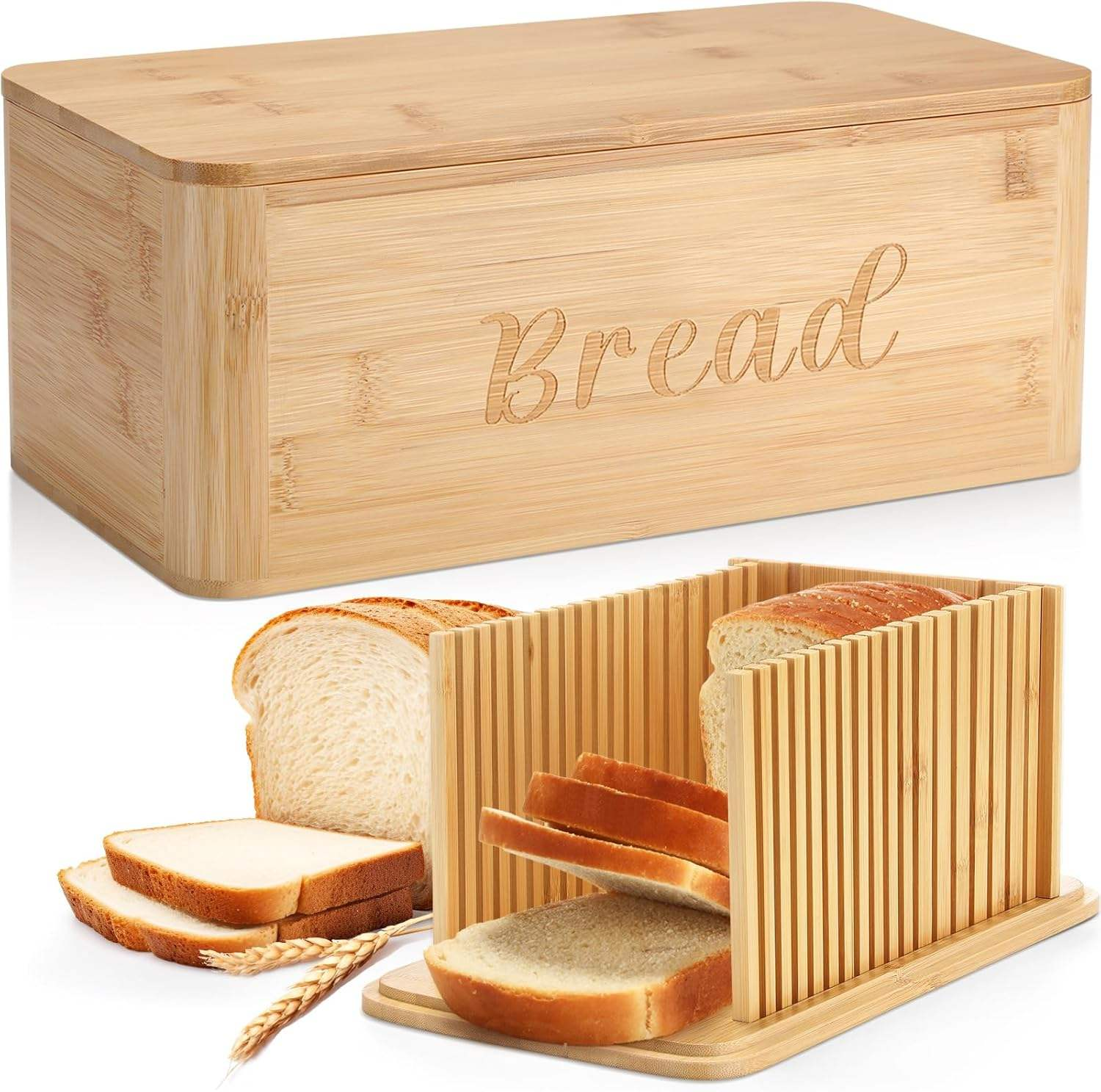 3-in-1 Large Bamboo Bread Box with Cutting Board Lid Bread Slicer Modern Kitchen Storage Bin for Bread Snack and Sundries Organization