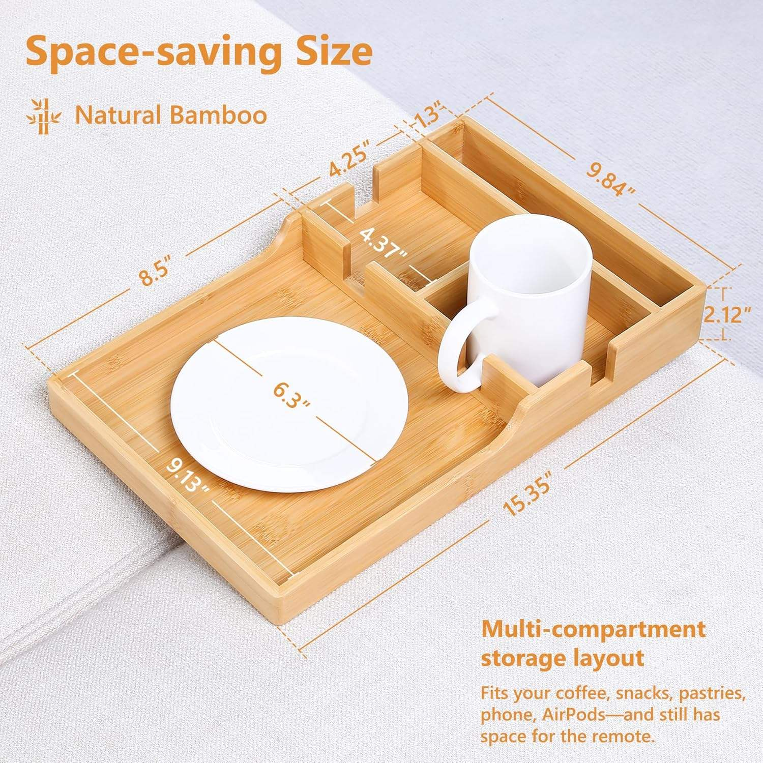 Modern 2- Tier Sofa Tray Anti-Slip Foldable Couch Tray Insert for Middle Seat Bamboo Couch Table with 2 Cup Holders for Living Room